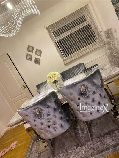 Arianna White Marble 180CM Dining Table + Valente Grey Lion Velvet Chairs-Esme Furnishings