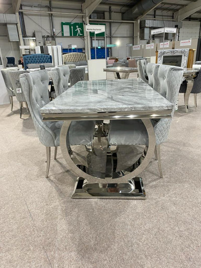 Arianna 170cm Grey Marble Dining Table + Lyon Lion Knocker Plush Velvet Chairs-Esme Furnishings