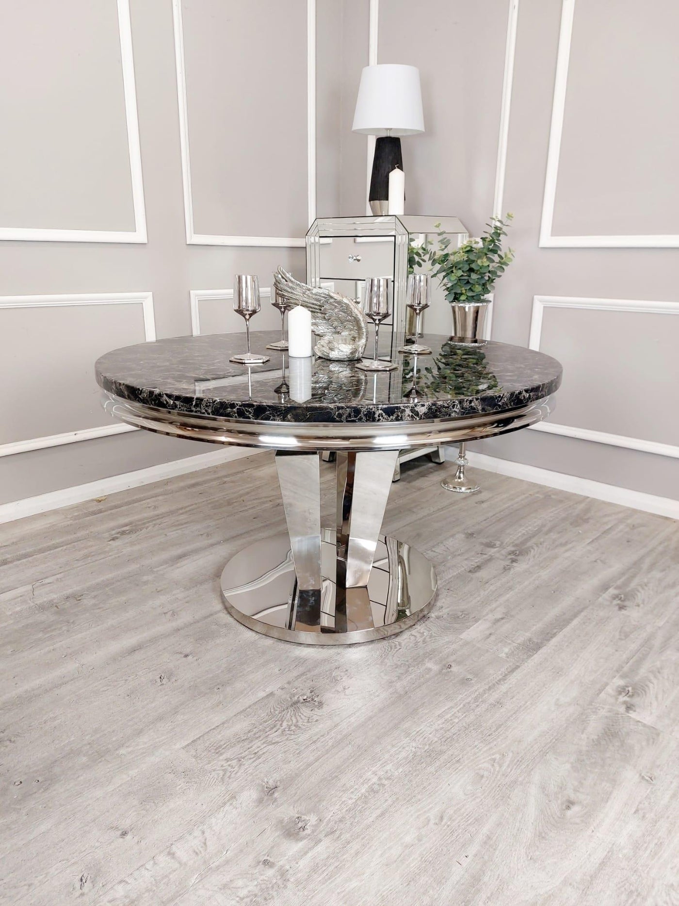 Athens Black Marble 130cm Round Dining Table + Black Lion Knocker Plush Velvet Chairs-Esme Furnishings