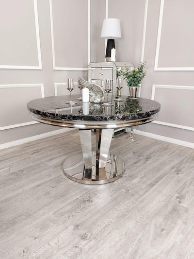Athens Black Marble 130cm Round Dining Table + Black Lion Knocker Plush Velvet Chairs-Esme Furnishings