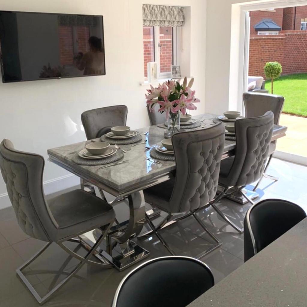 Arianna 180cm White Marble Dining Table + Belgravia Dark Grey Plush Velvet Button Dining Chairs-Esme Furnishings