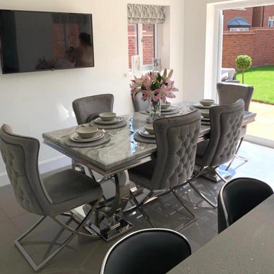 Arianna 180cm White Marble Dining Table + Belgravia Dark Grey Plush Velvet Button Dining Chairs-Esme Furnishings