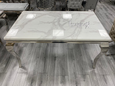Louis 180cm White Marble Dining Table + 4 Grey Lion Knocker Chairs + 130cm Bench-Esme Furnishings