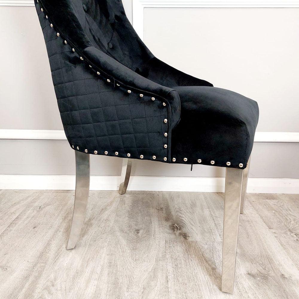 Athens Black Marble 130cm Round Dining Table + Black Lion Knocker Plush Velvet Chairs-Esme Furnishings