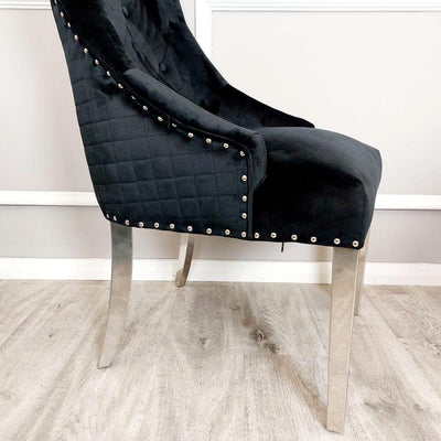 Athens Black Marble 130cm Round Dining Table + Black Lion Knocker Plush Velvet Chairs-Esme Furnishings