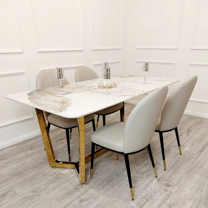 Lucien 180cm Gold Dining Table with Pandora Gold Sintered Stone Top + Etta Beige PU Leather Dining Chairs-Esme Furnishings