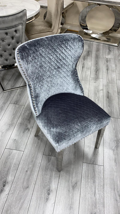Arianna Grey Marble 180CM Dining Table + Valente Dark Grey Lion Velvet Chairs-Esme Furnishings