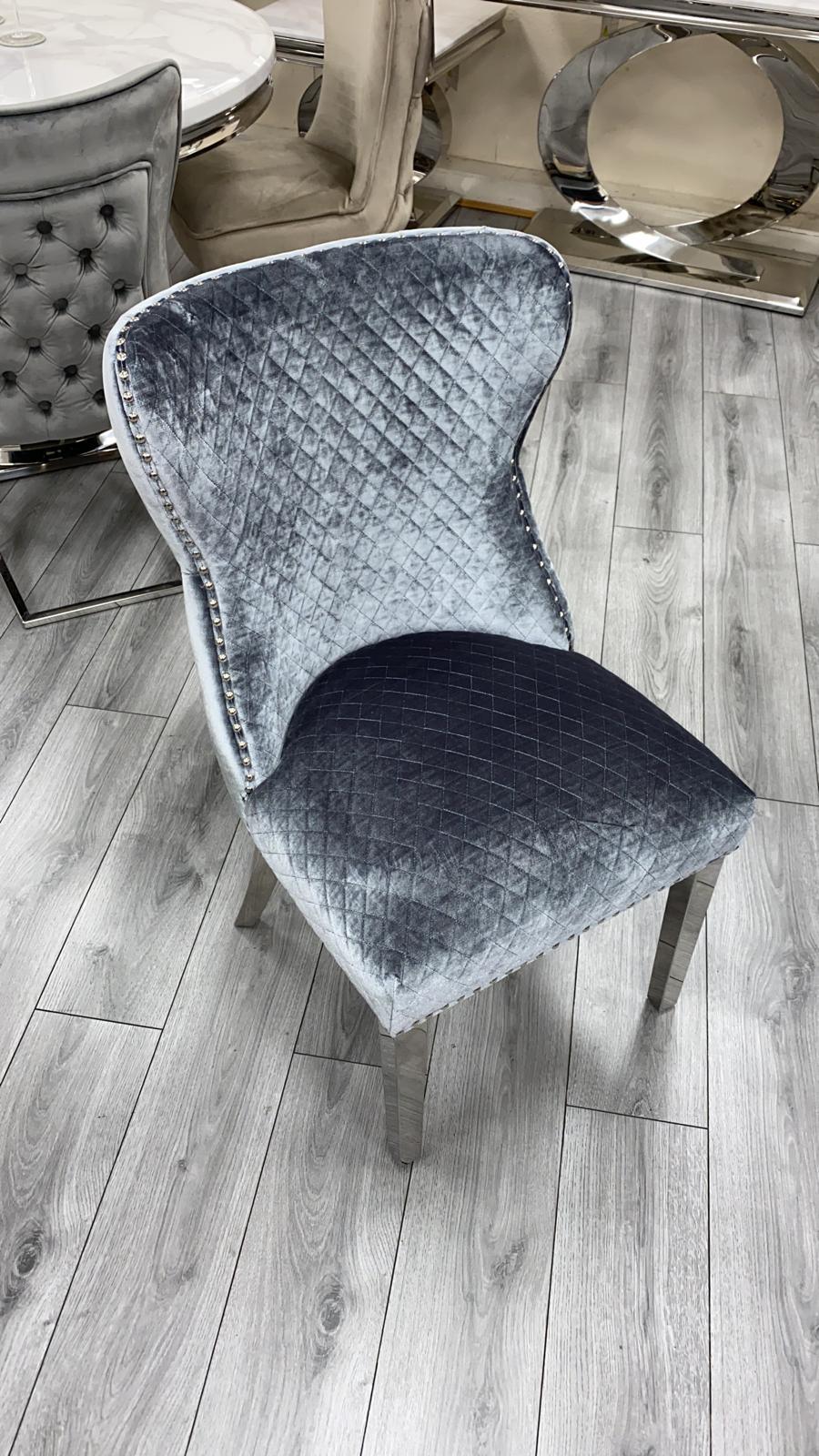 Louis 150cm White Marble Dining Table + Valente Dark Grey Lion Knocker Velvet Chairs-Esme Furnishings