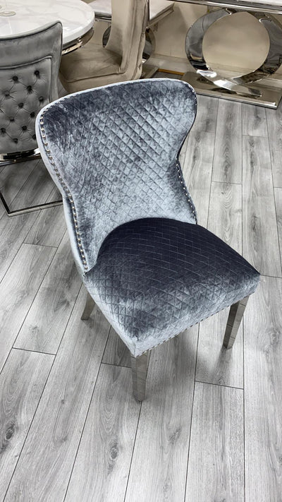 Louis 150cm White Marble Dining Table + Valente Dark Grey Lion Knocker Velvet Chairs-Esme Furnishings