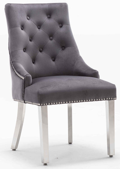 Louis 180cm White Marble Dining Table + Knightsbridge Dark Grey Knocker Plush Velvet Chairs-Esme Furnishings