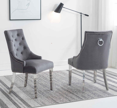 Louis 180cm White Marble Dining Table + Knightsbridge Dark Grey Knocker Plush Velvet Chairs-Esme Furnishings
