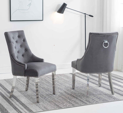 Louis 200cm White Marble Dining Table + Knightsbridge Dark Grey Knocker Plush Velvet Chairs-Esme Furnishings