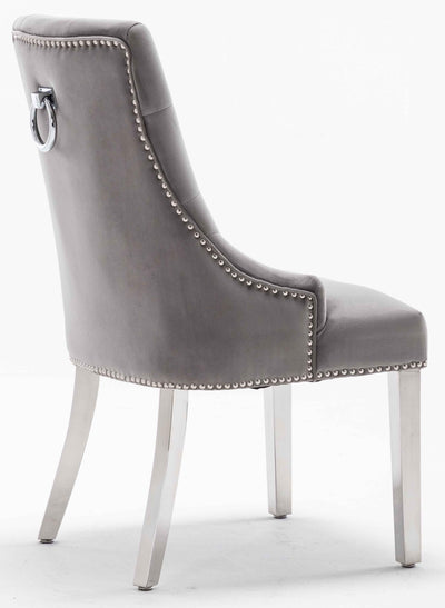 Louis 150cm White Marble Dining Table + Knightsbridge Light Grey Knocker Plush Velvet Chairs-Esme Furnishings