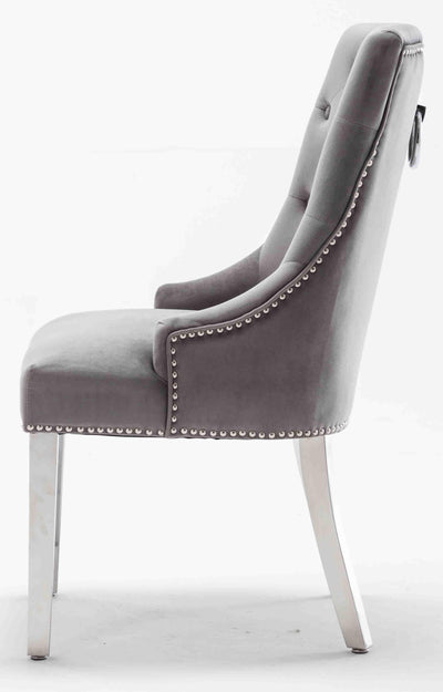 Louis 200cm White Marble Dining Table + Knightsbridge Light Grey Knocker Plush Velvet Chairs-Esme Furnishings