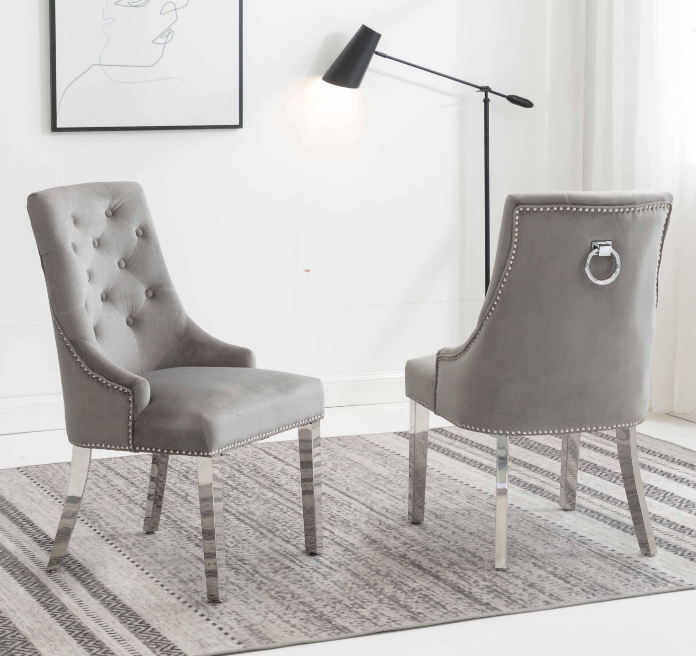Louis 150cm White Marble Dining Table + Knightsbridge Light Grey Knocker Plush Velvet Chairs-Esme Furnishings