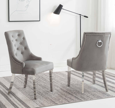 Ottavia Grey Marble 180CM Dining Table + Knightsbridge Chrome Knocker Plush Velvet Dining Chairs-Esme Furnishings
