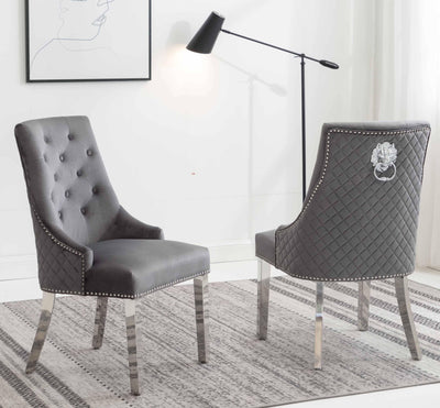 Louis 150cm Grey Marble Dining Table + 4 Grey Lion Knocker Quilted Back Chairs + 110cm Bench-Esme Furnishings