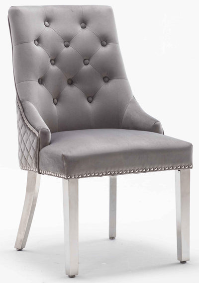 Louis 200cm White Marble Dining Table + Light Grey Lion Knocker Plush Velvet Chairs-Esme Furnishings