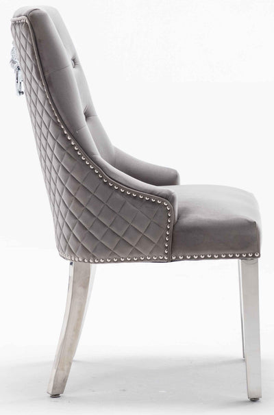 Louis 200cm White Marble Dining Table + Light Grey Lion Knocker Plush Velvet Chairs-Esme Furnishings