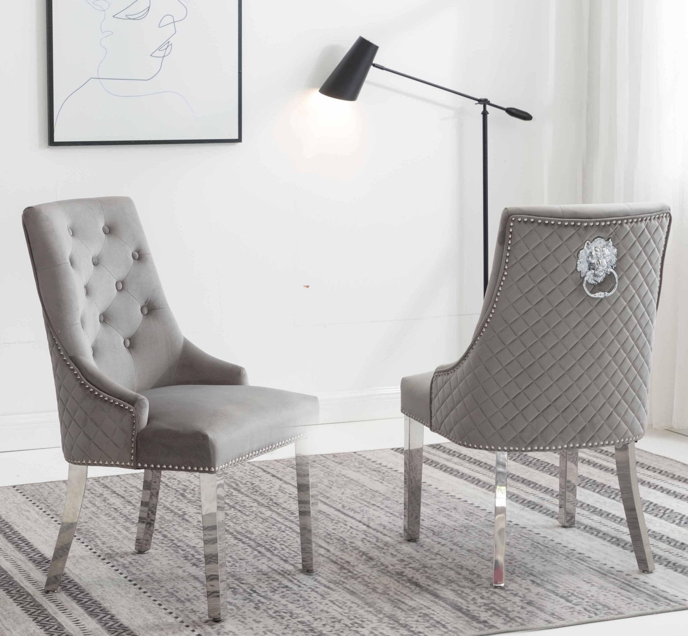 Louis 120cm Grey Marble Dining Table + Light Grey Lion Knocker Plush Velvet Chairs-Esme Furnishings