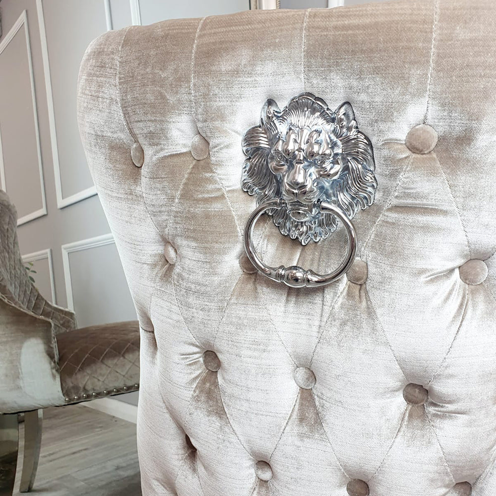 Arianna Cream Marble 200CM Dining Table + Valente Champagne Lion Velvet Chairs