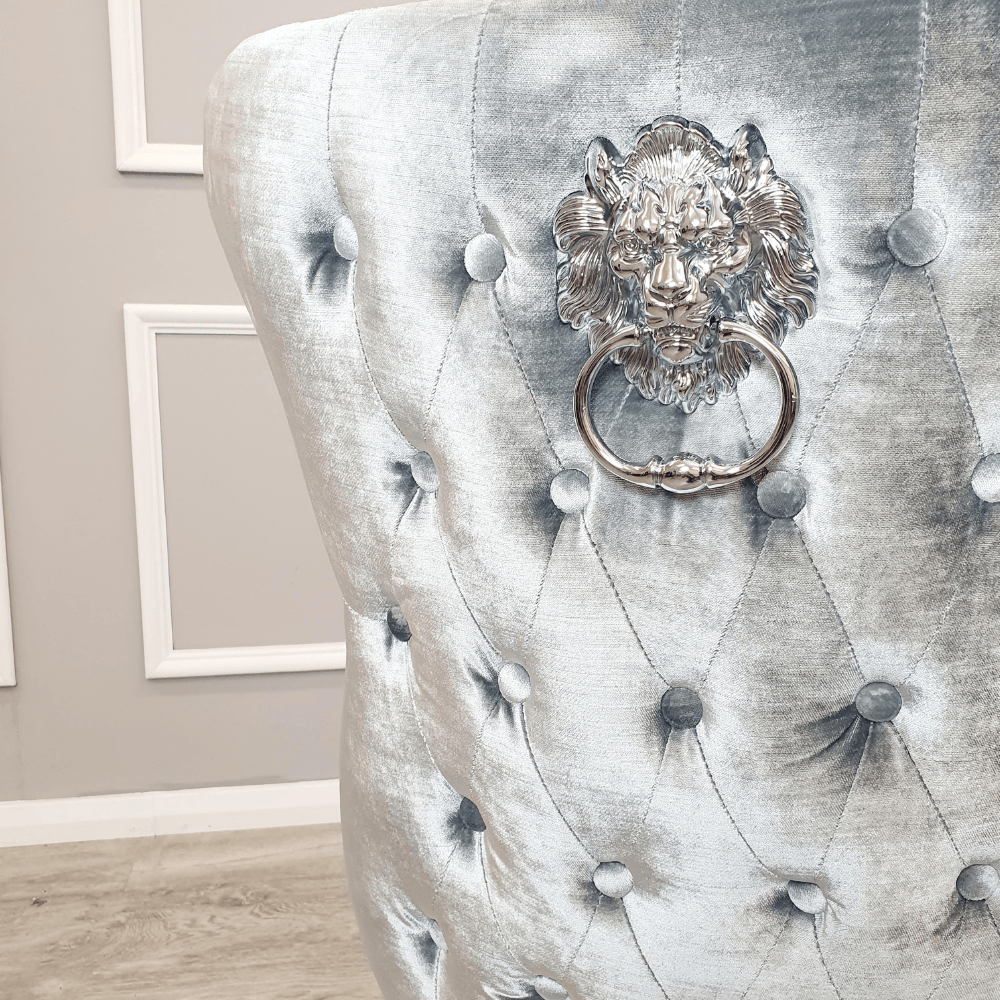 Valente Silver Pewter Grey Velvet Fabric Button Back Lion Knocker Quilted Dining Chair-Esme Furnishings