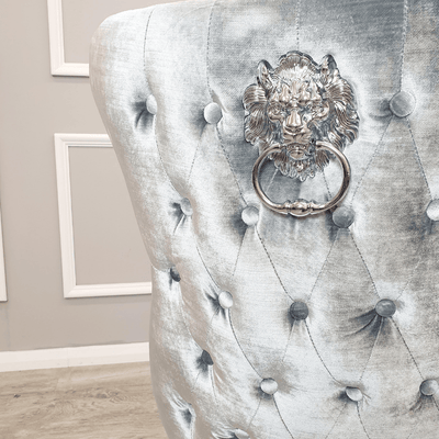 Valente Silver Pewter Grey Velvet Fabric Button Back Lion Knocker Quilted Dining Chair-Esme Furnishings