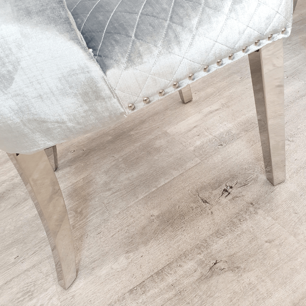Valente Silver Pewter Grey Velvet Fabric Button Back Lion Knocker Quilted Dining Chair-Esme Furnishings