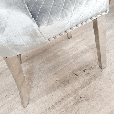 Valente Silver Pewter Grey Velvet Fabric Button Back Lion Knocker Quilted Dining Chair-Esme Furnishings