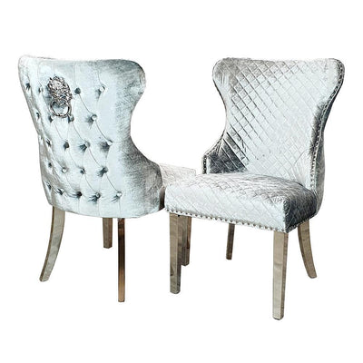 Valente Silver Pewter Grey Velvet Fabric Button Back Lion Knocker Quilted Dining Chair-Esme Furnishings