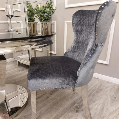 Arianna Glass & Chrome Dining Table With Quilted Lion Knocker Button Back Velvet Chairs