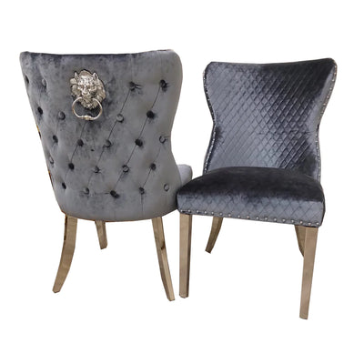 Arianna Glass & Chrome Dining Table With Quilted Lion Knocker Button Back Velvet Chairs