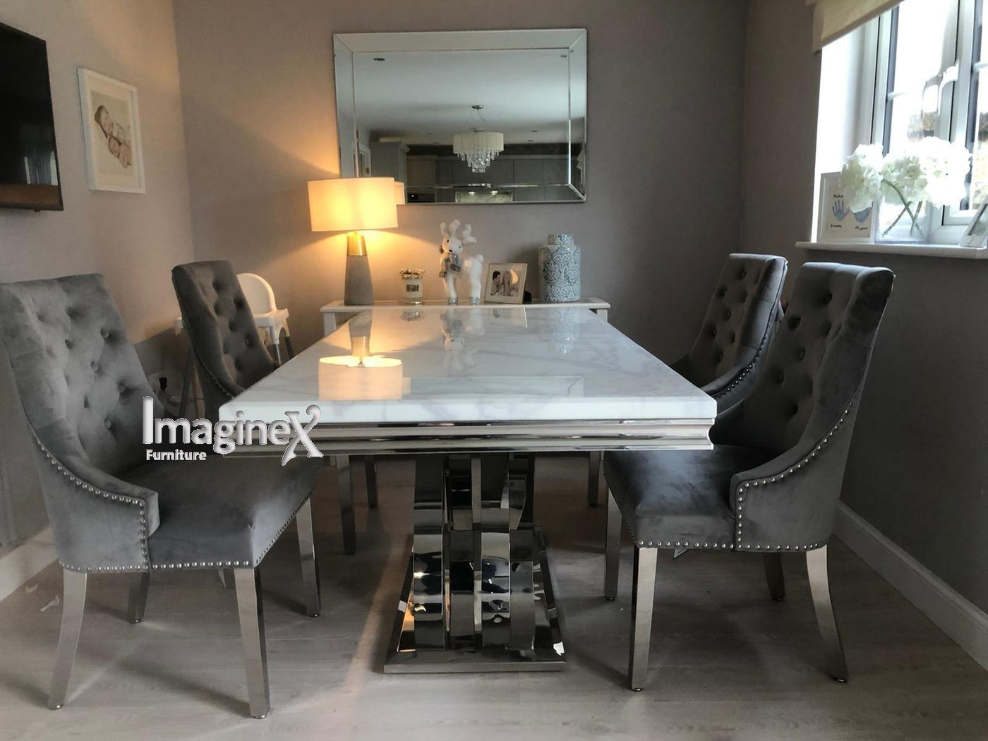 Ottavia Grey Marble 180CM Dining Table + Knightsbridge Chrome Knocker Plush Velvet Dining Chairs-Esme Furnishings