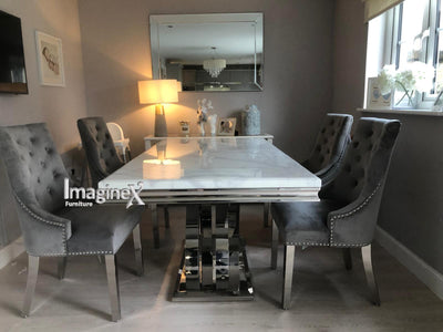 Ottavia White Marble 180CM Dining Table + Knightsbridge Chrome Knocker Plush Velvet Dining Chairs-Esme Furnishings