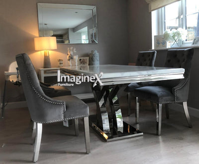 Ottavia White Marble 180CM Dining Table + Knightsbridge Chrome Knocker Plush Velvet Dining Chairs-Esme Furnishings