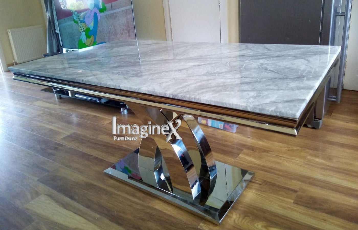 Ottavia 180cm Grey Marble Dining Table + Grey Lion Knocker Faux Leather Chairs-Esme Furnishings