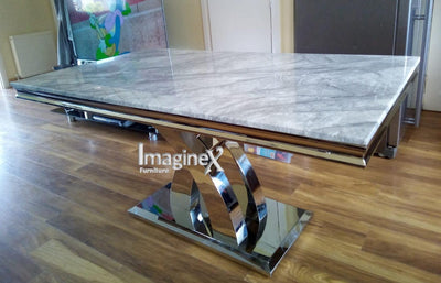 Ottavia 180cm Grey Marble Dining Table + Grey Lion Knocker Faux Leather Chairs-Esme Furnishings