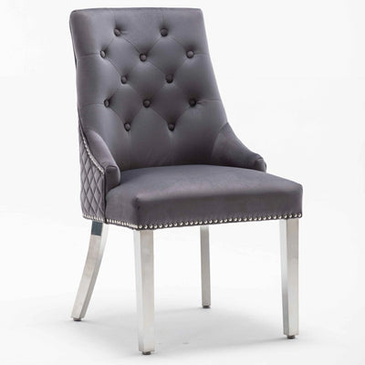Portland, Grey, French Velvet, Ring Knocker, Quilted Back Dining Chair With Chrome Legs-Esme Furnishings