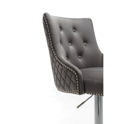 Portland, Dark Grey French Velvet, Ring Knocker Quilted Back Bar Stool-Esme Furnishings