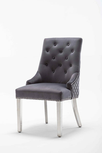 Portland, Grey, French Velvet, Ring Knocker, Quilted Back Dining Chair With Chrome Legs-Esme Furnishings