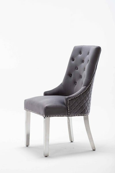 Portland, Grey, French Velvet, Ring Knocker, Quilted Back Dining Chair With Chrome Legs-Esme Furnishings