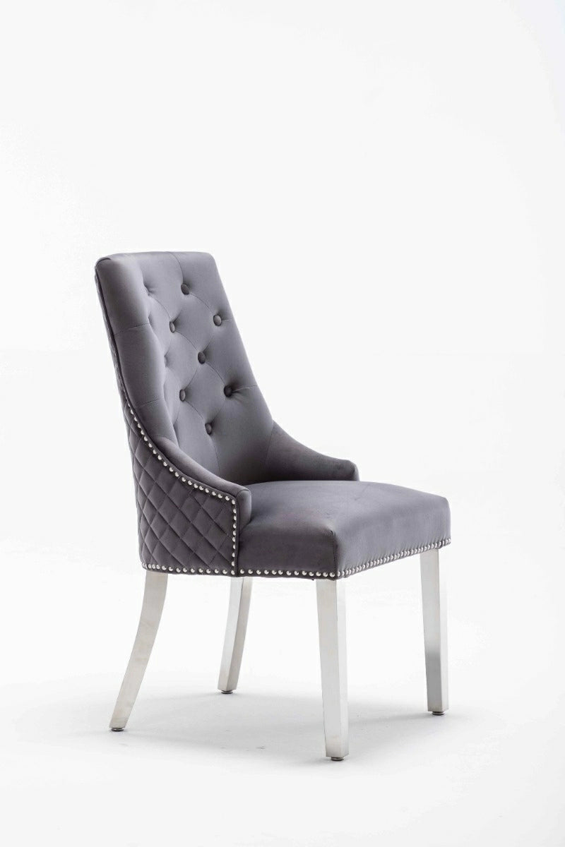 Portland, Grey, French Velvet, Ring Knocker, Quilted Back Dining Chair With Chrome Legs-Esme Furnishings