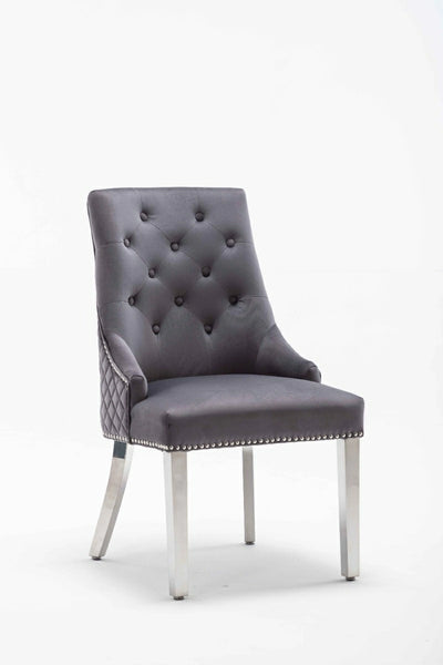 Portland, Grey, French Velvet, Ring Knocker, Quilted Back Dining Chair With Chrome Legs-Esme Furnishings