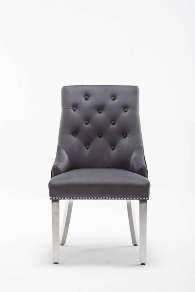 Portland, Grey, French Velvet, Ring Knocker, Quilted Back Dining Chair With Chrome Legs-Esme Furnishings