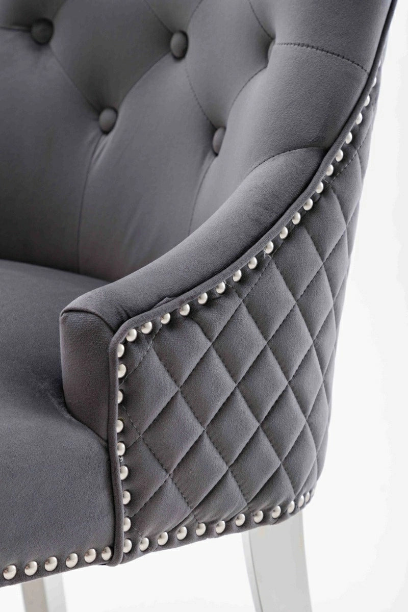 Dakota Dark Grey French Velvet Quilted Back Dining Chair With Chrome Legs-Esme Furnishings