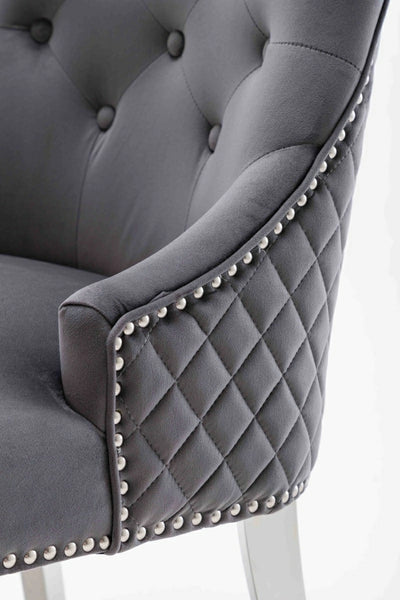 Portland, Grey, French Velvet, Ring Knocker, Quilted Back Dining Chair With Chrome Legs-Esme Furnishings