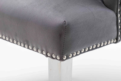 Portland, Grey, French Velvet, Ring Knocker, Quilted Back Dining Chair With Chrome Legs-Esme Furnishings