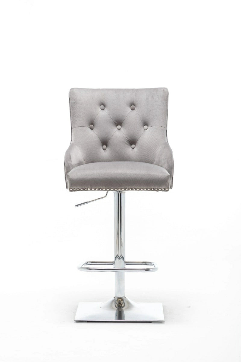 Portland, Light Grey French Velvet, Ring Knocker Quilted Back Bar Stool-Esme Furnishings