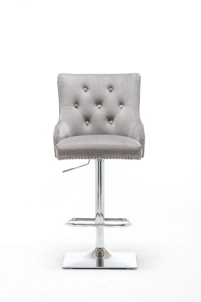Portland, Light Grey French Velvet, Ring Knocker Quilted Back Bar Stool-Esme Furnishings