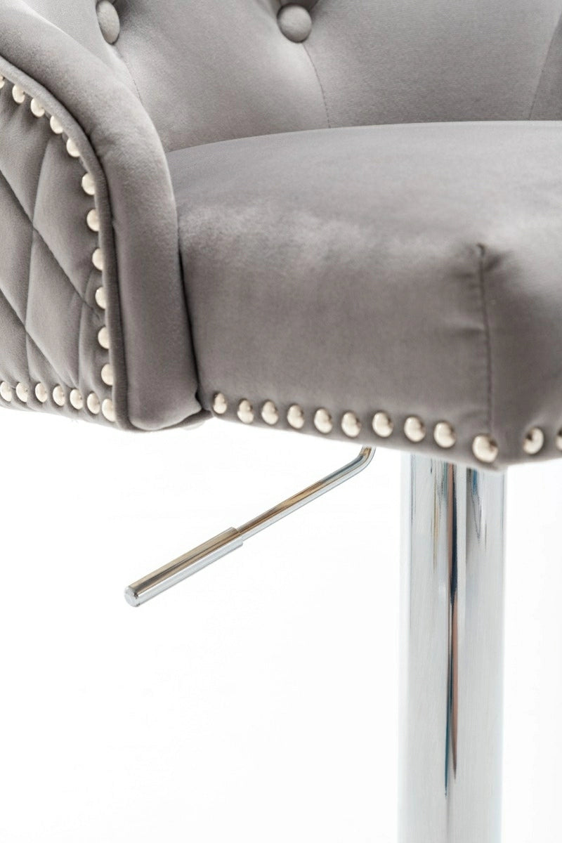 Portland, Light Grey French Velvet, Ring Knocker Quilted Back Bar Stool-Esme Furnishings